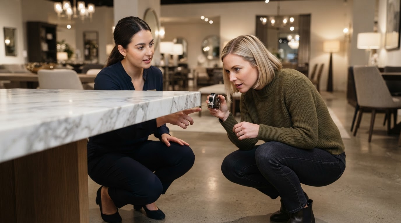 Checking the edge thickness of a marble table Customer and shop assistant inspecting the thick edge of a marble dining table top