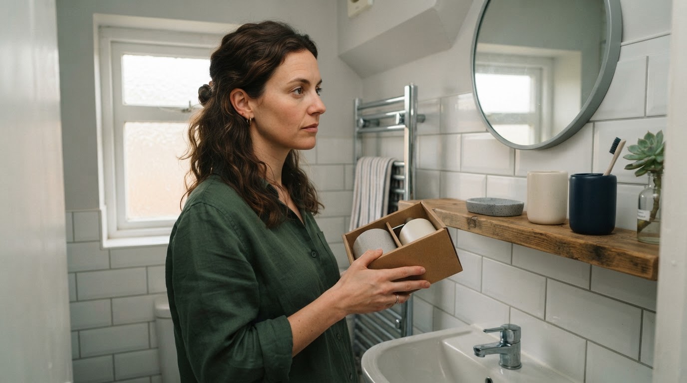 Person in a small bathroom deciding between a matching accessory set and individual pieces