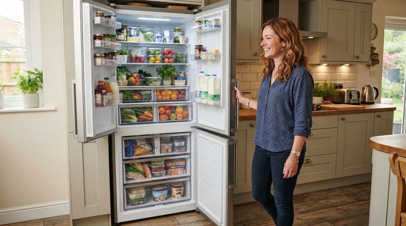 Woman looking into an open tall fridge freezer with neatly stocked shelves in a UK kitchen