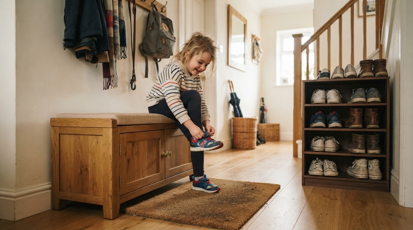 Closed and open shoe storage in a family hall Child putting on shoes on a closed shoe bench next to an open shoe rack in a family hallway