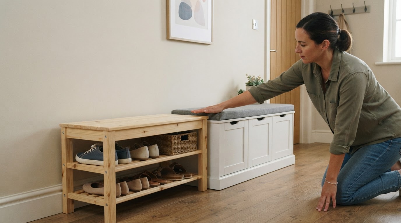 Comparing shoe bench sizes for a hallway Woman comparing the depth of two different shoe benches against a hallway wall