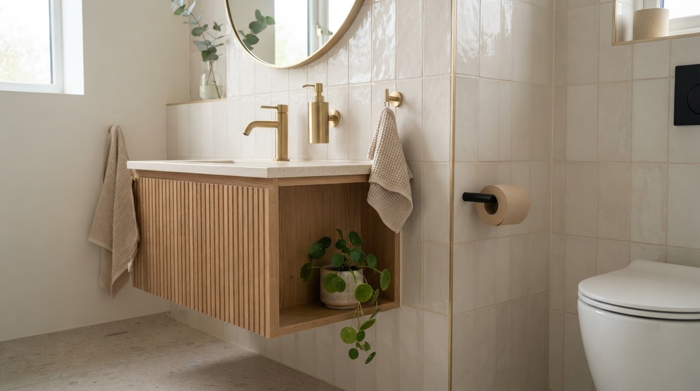 Brushed brass tap, hook and soap dispenser coordinated in a modern bathroom corner