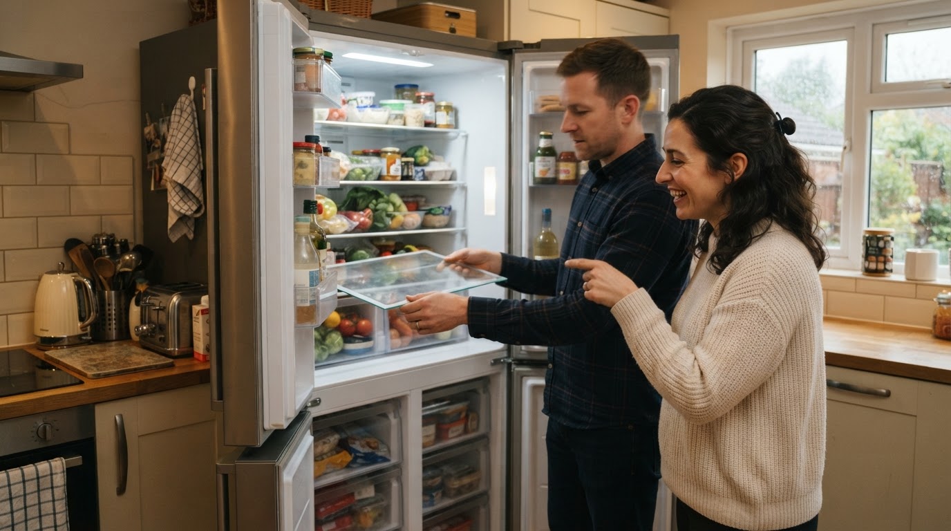 Couple adjusting a shelf inside an open fridge freezer while checking storage space in their kitchen