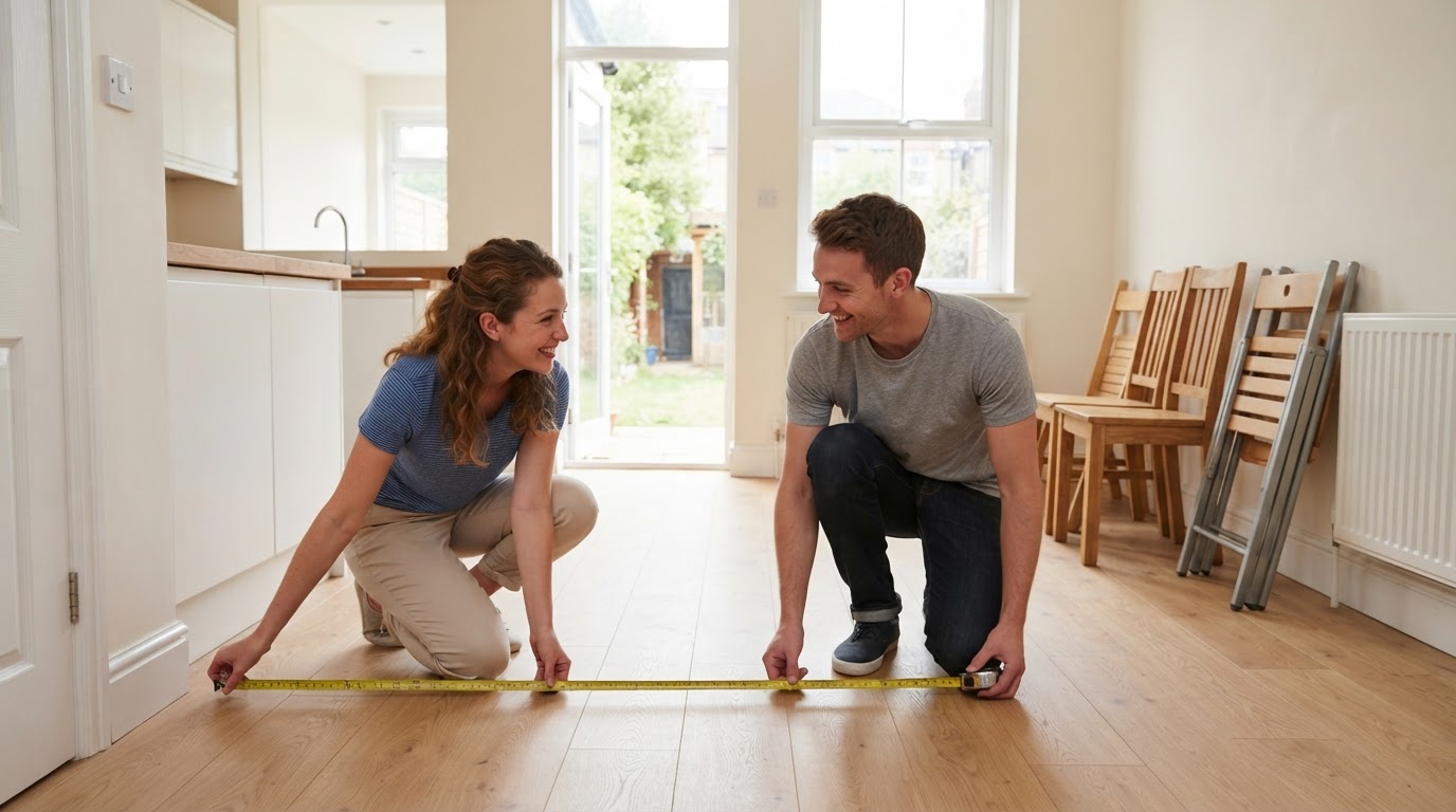 Couple measuring a kitchen-diner for a table Couple measuring an open-plan UK kitchen-diner floor with a tape measure before buying a table