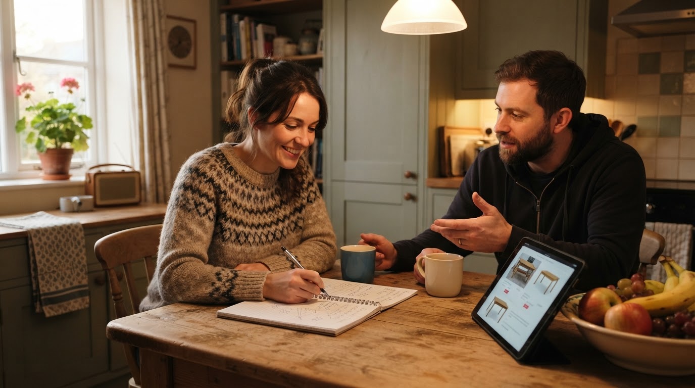 Couple planning a dining table budget Couple at a kitchen table with a notebook planning a budget for a new dining table