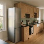 Freestanding stainless steel fridge freezer in a bright modern British kitchen