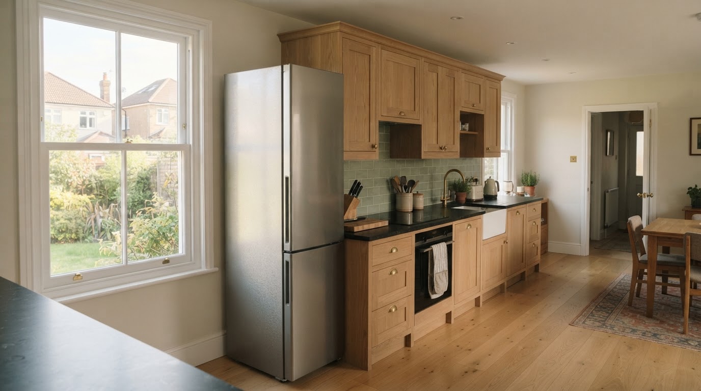 Marble dining table in the UK: is real stone worth it over marble effect? 3 Freestanding stainless steel fridge freezer in a bright modern British kitchen