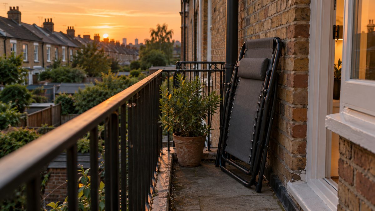Folded gravity chair leaning against the railing of a narrow UK balcony