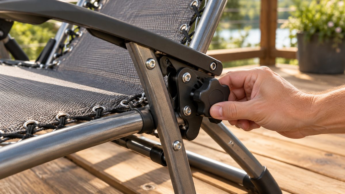 Hand adjusting the star locking knob on a folding gravity chair frame
