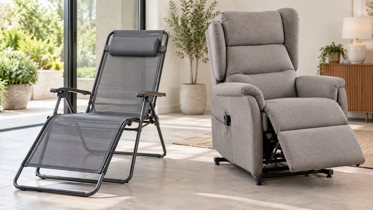 Folding garden lounger next to a padded supportive positioning armchair in a showroom