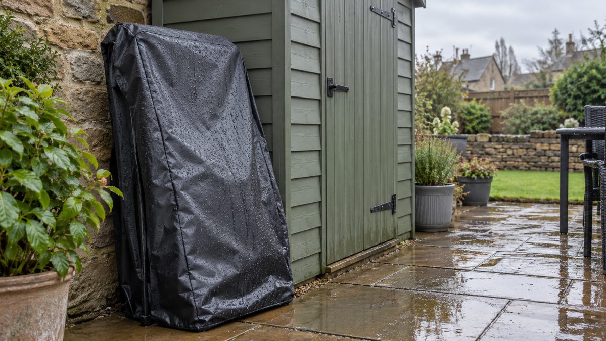 Gravity chair folded under a waterproof cover beside a shed on a wet UK patio
