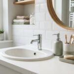 Matching ceramic soap dispenser, toothbrush holder and tray on a bright UK bathroom basin counter