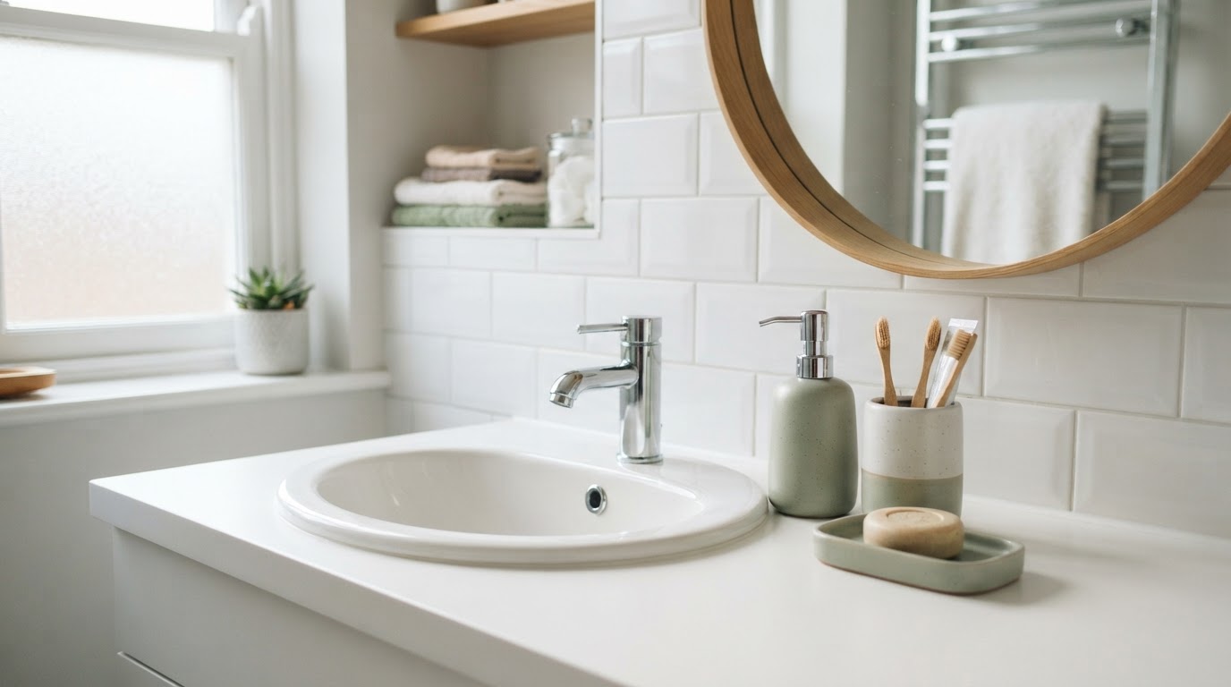 Marble dining table in the UK: is real stone worth it over marble effect? 2 Matching ceramic soap dispenser, toothbrush holder and tray on a bright UK bathroom basin counter