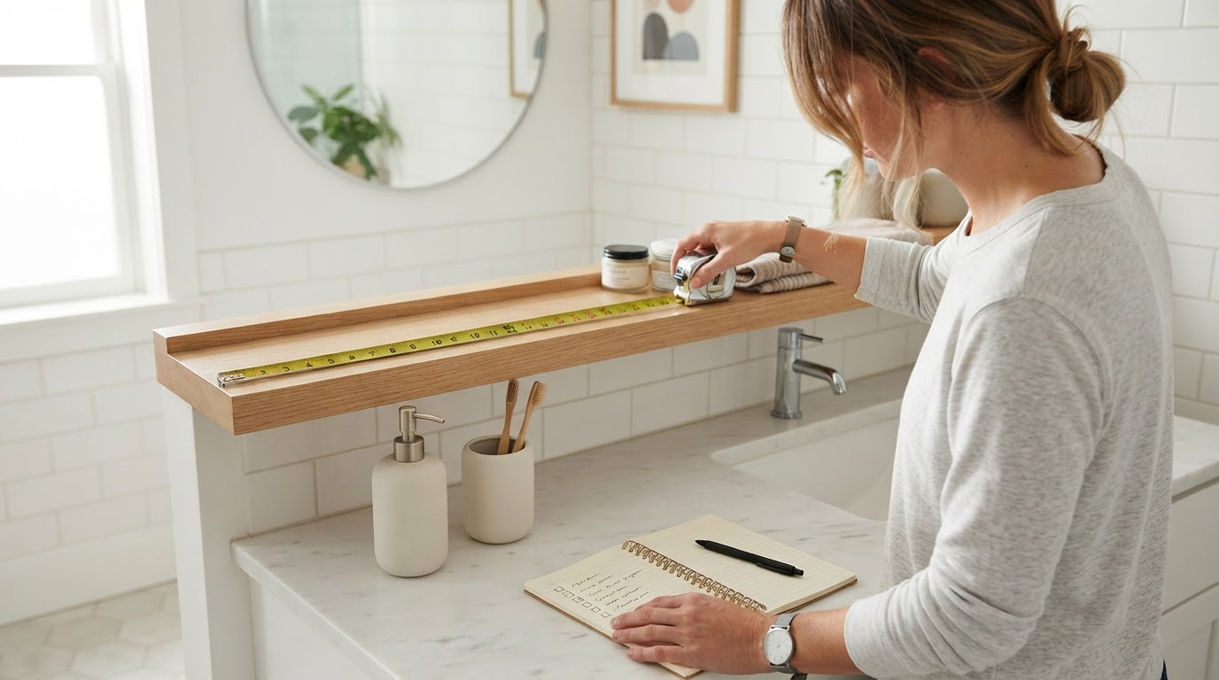 Person measuring a bathroom shelf with a tape beside a soap dispenser and toothbrush holder