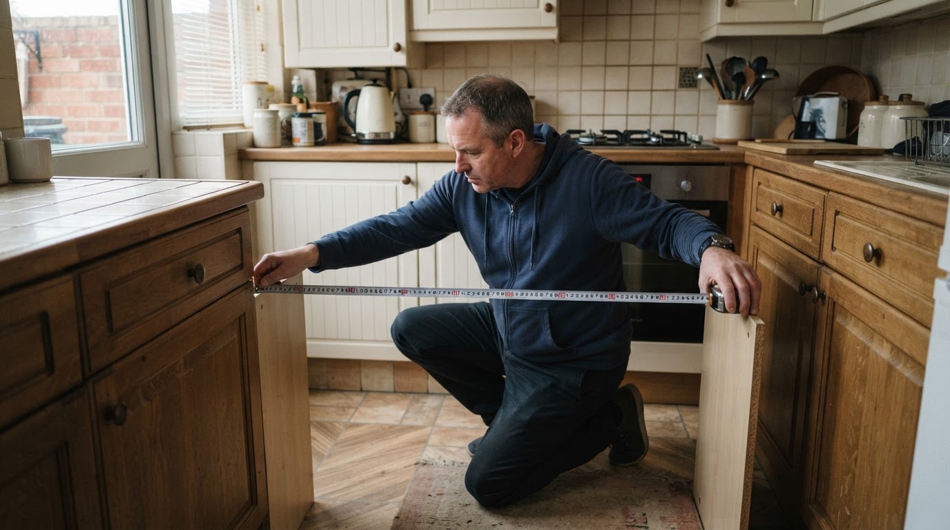 Man measuring the gap between kitchen cabinets with a tape measure before buying a fridge freezer