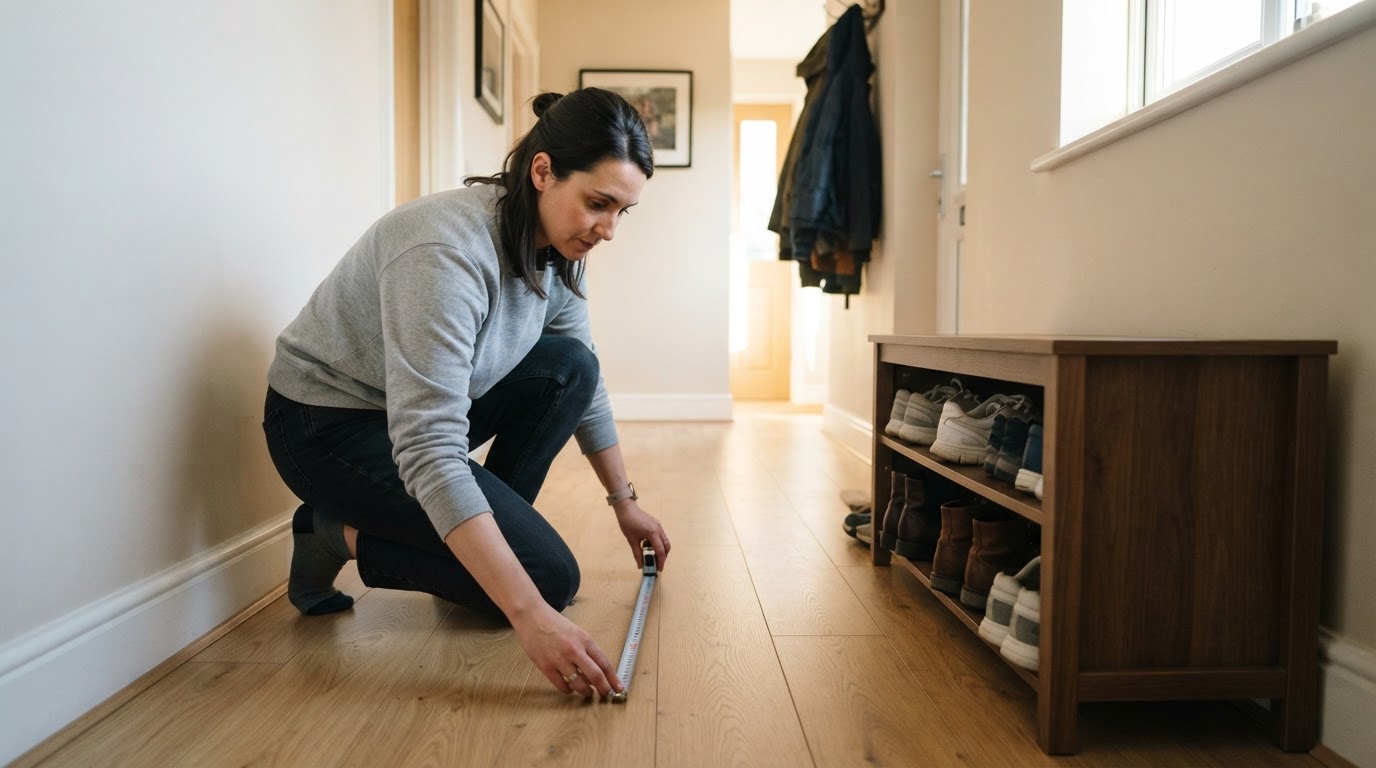 Measuring walkway beside a shoe bench Person measuring the remaining walkway with a tape measure beside a shoe bench in a hallway