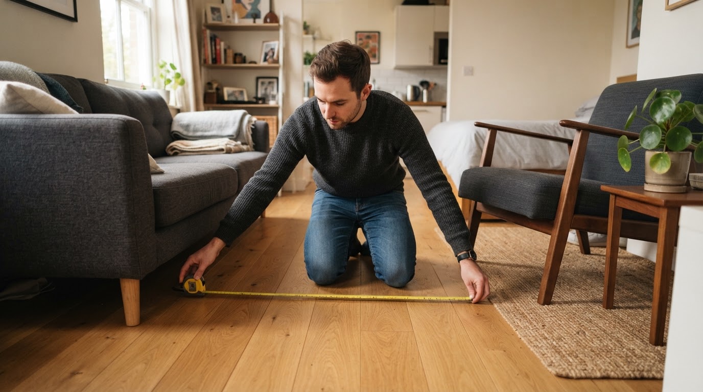Man measuring walkway between an armchair and sofa in a small studio flat