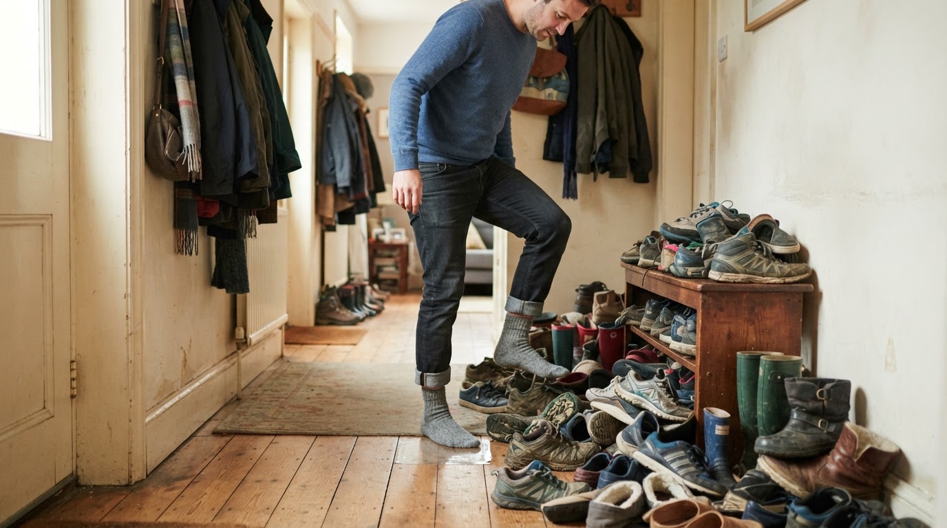 Overflowing shoes around a hallway bench Man stepping over an overflowing pile of shoes and boots around a small hallway bench