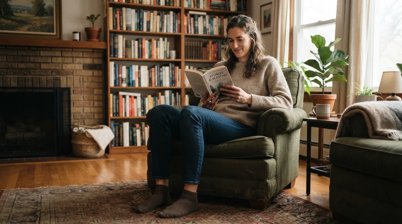 Woman seated upright in an armchair with feet flat on the floor reading a book