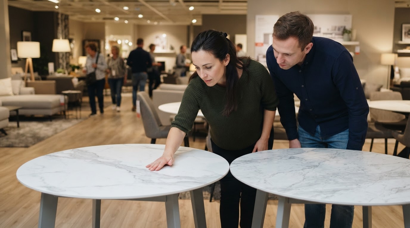 Shoppers comparing two white dining table tops Two shoppers in a furniture showroom comparing real and printed marble table tops