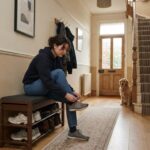 Person tying laces on a slim shoe bench in a narrow UK terrace hallway with clear walkway
