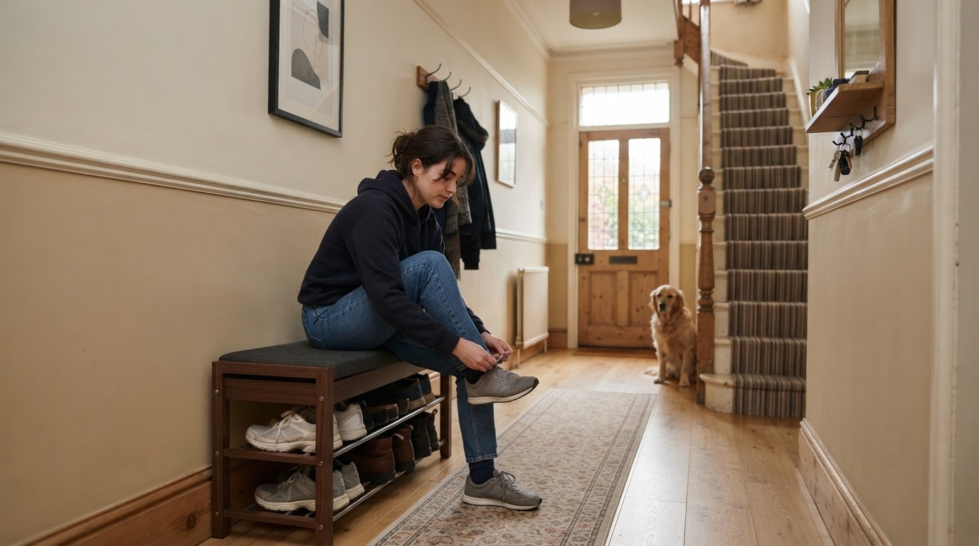 Marble dining table in the UK: is real stone worth it over marble effect? 1 Person tying laces on a slim shoe bench in a narrow UK terrace hallway with clear walkway