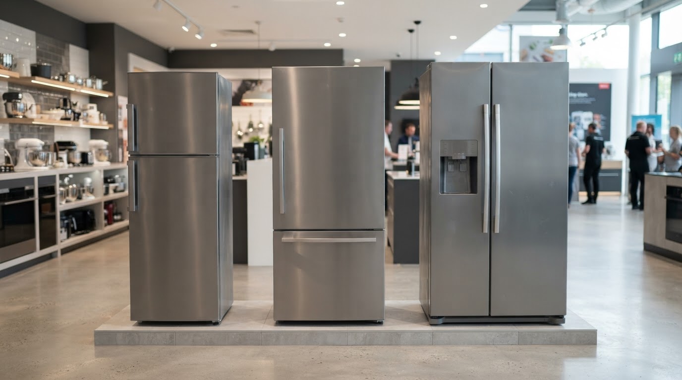 Slim, wide and American-style fridge freezers lined up side by side in an appliance showroom