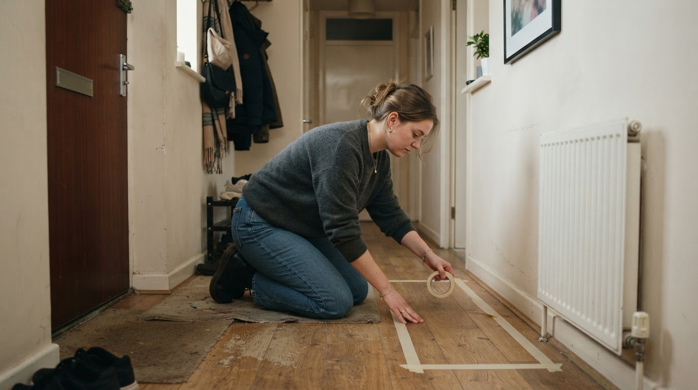 Taping a shoe bench footprint in a rented hallway Renter marking a shoe bench footprint with masking tape on a rented flat hallway floor