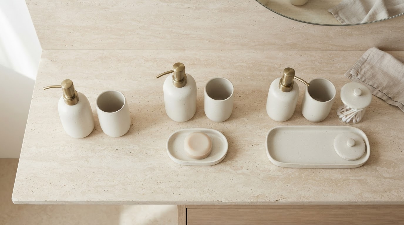 Flat lay comparing two, three and four piece bathroom accessory sets on a stone shelf