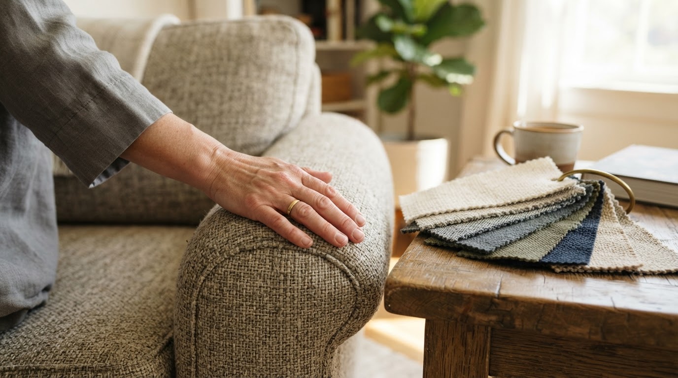 Hand testing woven upholstery fabric on an armchair beside fabric swatches