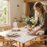 Woman setting a white veined marble dining table in a bright UK dining room