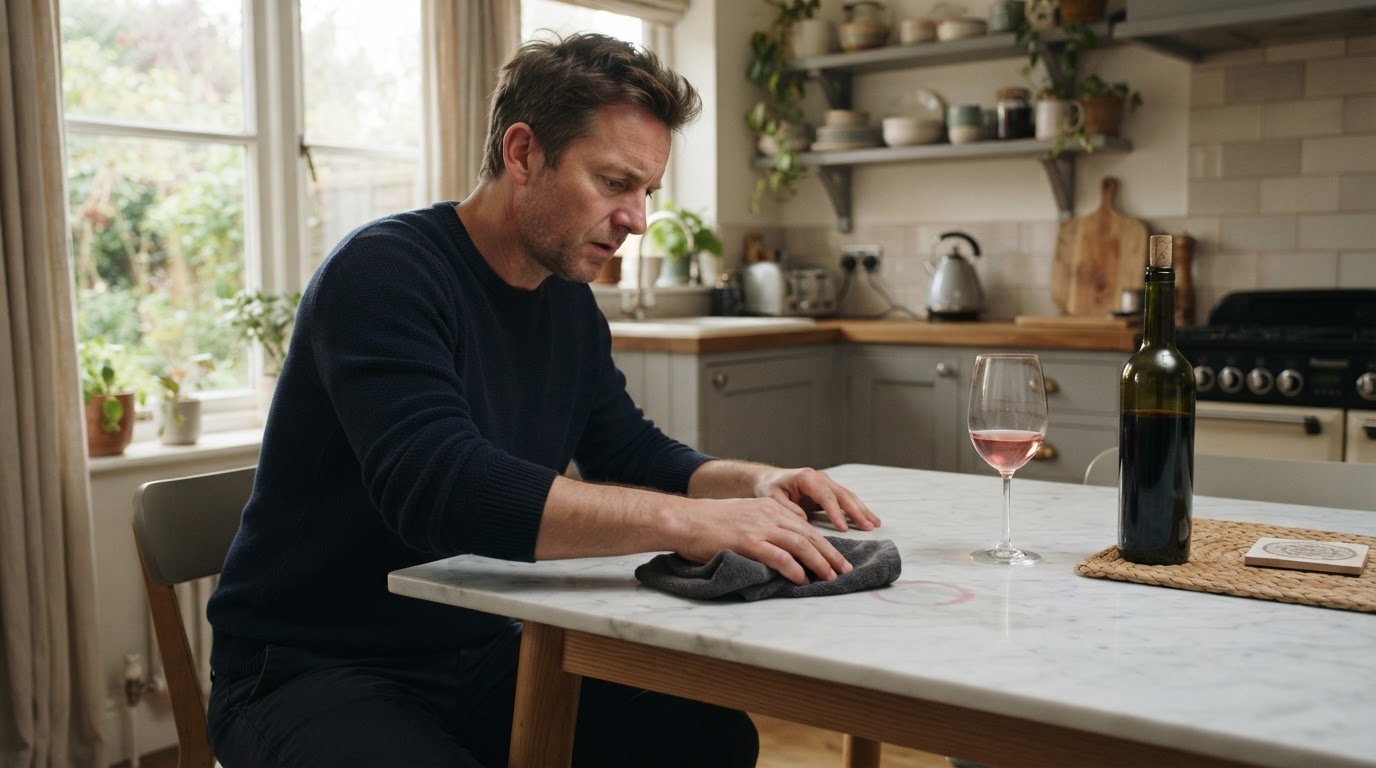 Wiping a wine ring from marble table Man wiping a red wine ring from a white marble dining table with a cloth