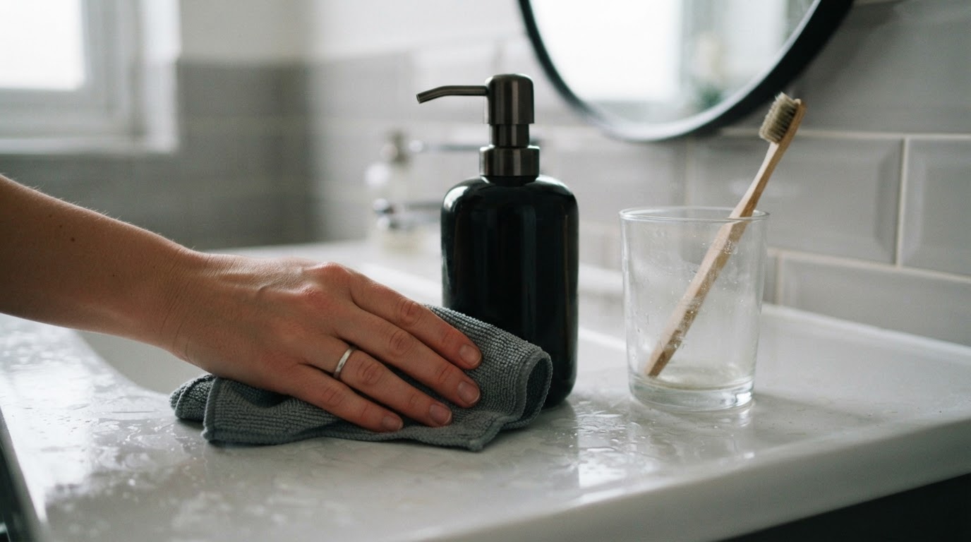Person wiping limescale water marks from a black soap dispenser and glass tumbler at a basin