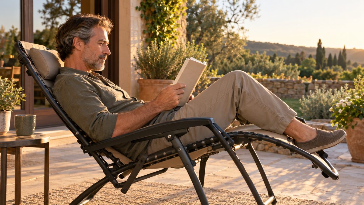 Man reading a paperback in a reclined zero gravity chair with knees slightly raised
